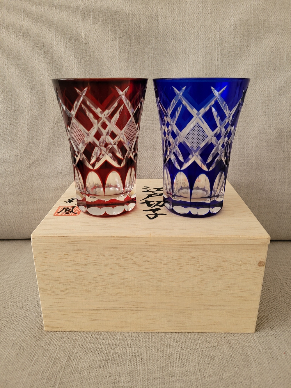 Japanese Edo Kiriko Cut Glass Tumblers Set - Red and Blue